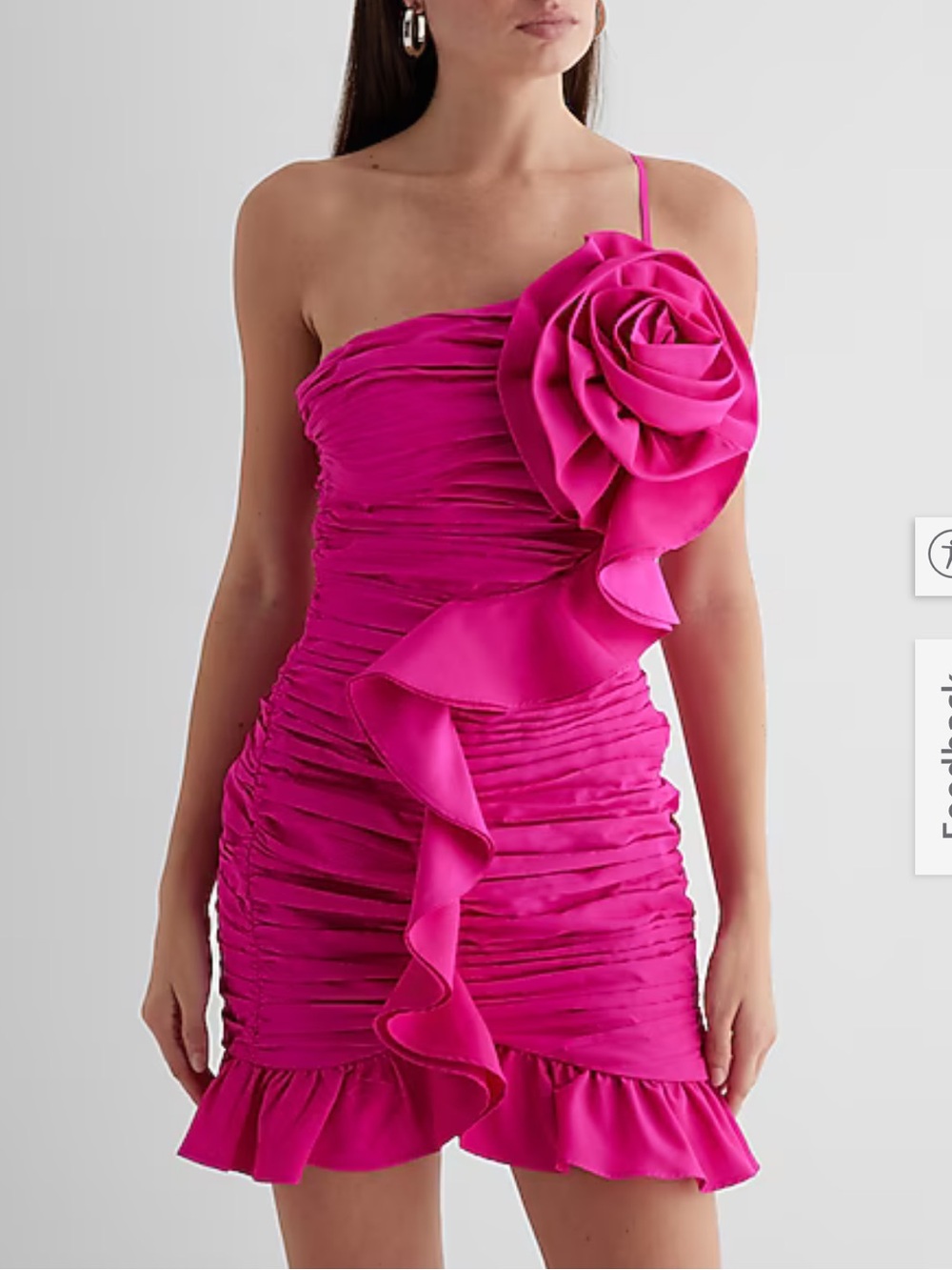NWT EXPRESS Hot Pink Rosette Ruched One Shoulder Ruffle Mini Dress - Size 10